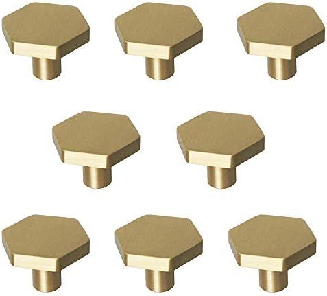 RZDEAL 1-1/10" Solid Brass Knobs Shoe Cabinets Knob and Pulls Brushed Gold Hexagon Handles for Dr... | Amazon (US)