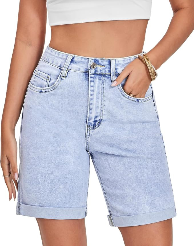 VIPONES Women's High Waist Bermuda Denim Shorts Stretch Knee Length Baggy Jorts Jean Shorts for B... | Amazon (US)