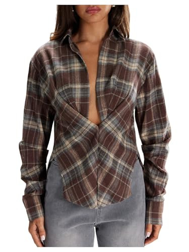 GORGLITTER Women's Plaid Flannel Shirt Cinched Waist Tops Fitted Long Sleeve Checkered V Neck Fal... | Amazon (US)