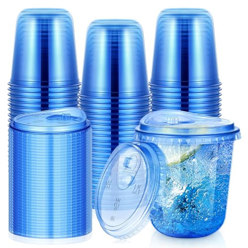 50 Pack 12oz Blue Plastic Cups with Sip Lids, Disposable Strawless Wine Glasses for Iced Coffee Cocktail Cold Drinks, Round Bottom Stemless To Go Cup for Wedding Birthday Gathering Party Supplies | Amazon (US)