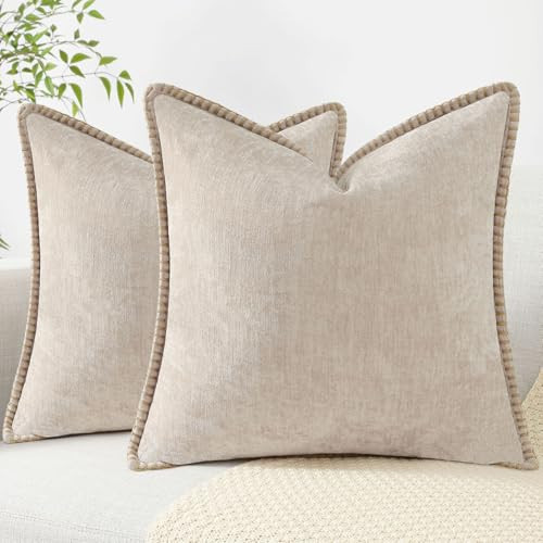 decorUhome Chenille Soft Throw Pillow Covers 22x22 Set of 2, Farmhouse Velvet Neutral Decorative Euro Pillow Covers with Stitched Edge for Couch Sofa Bed Home Decor, Beige | Amazon (US)