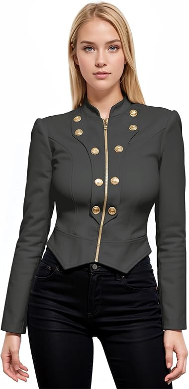 Hybrid & Company Women's Fashion Military Crop Premium Ultra Stretch Gold/Sliver Zip Up Dressy Bl... | Amazon (US)