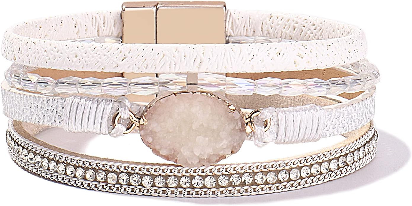 FANCY SHINY Boho Leather Wrap Bracelets Bohemian Crystal Bracelets Trendy Layered Bracelet with M... | Amazon (US)