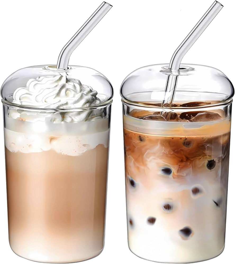 2 Pcs Drinking Glasses with Glass Lids and Glass Straw 16oz Glassware Set,Iced Coffee Glasses,Ide... | Amazon (US)