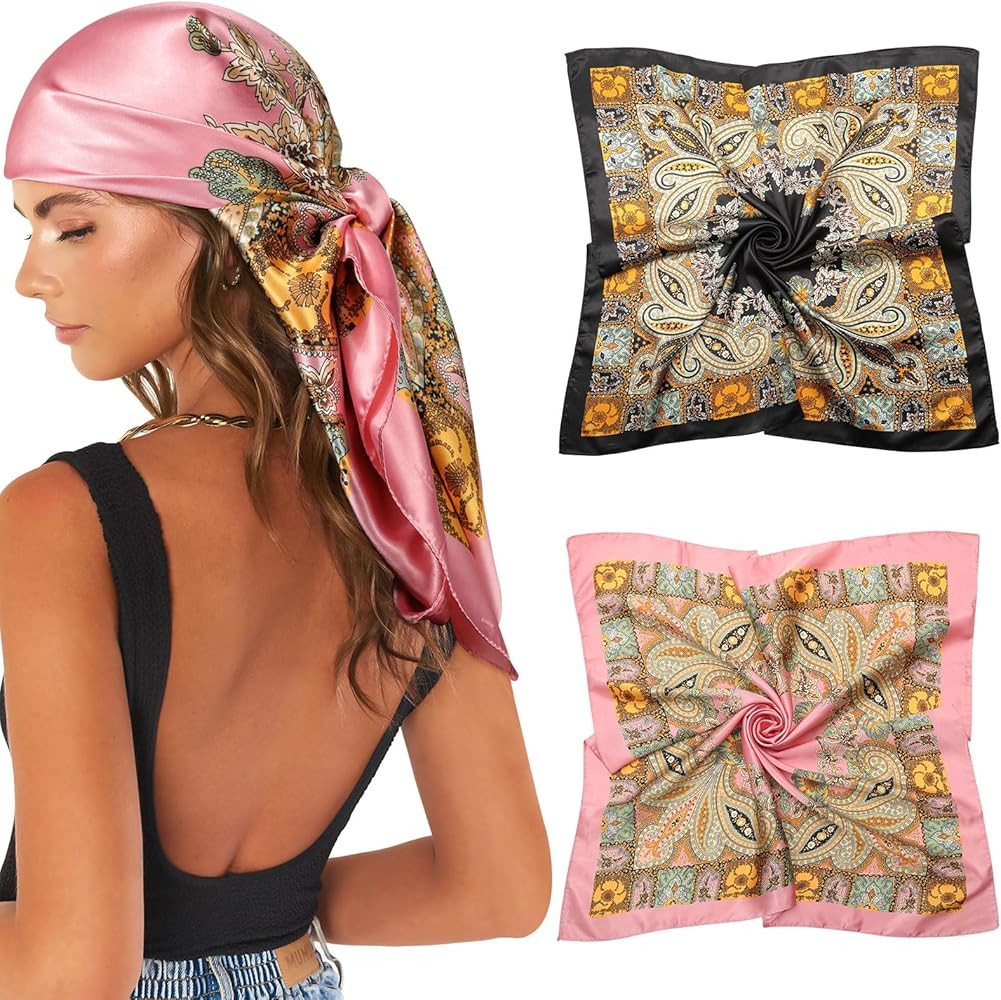 AWAYTR 35” Large Satin Square Head Scarf - 2Pcs Silk Like Floral Head Scarves Square Satin Hair... | Amazon (US)