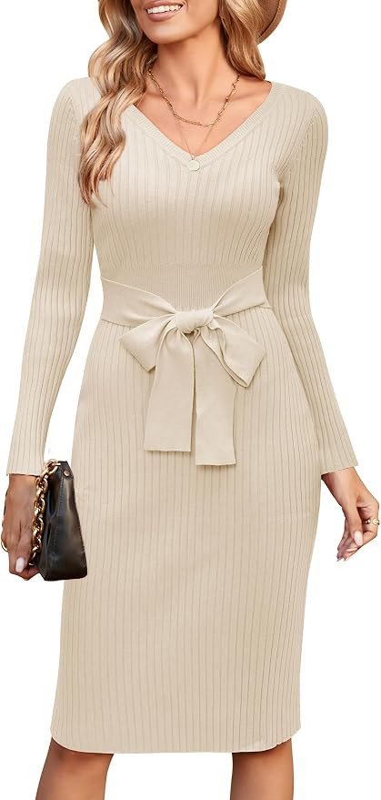 Newshows Womens 2024 Fall Sweater Dress Long Sleeve V Neck Business Casual Outfits Winter Fashion... | Amazon (US)