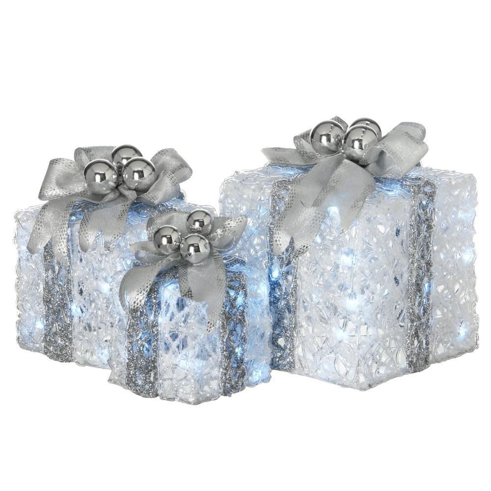 8 in., 10 in. and 12 in. Glittered White Gift Boxes with 70 Cool White Twinkle LED Lights (Set of... | The Home Depot