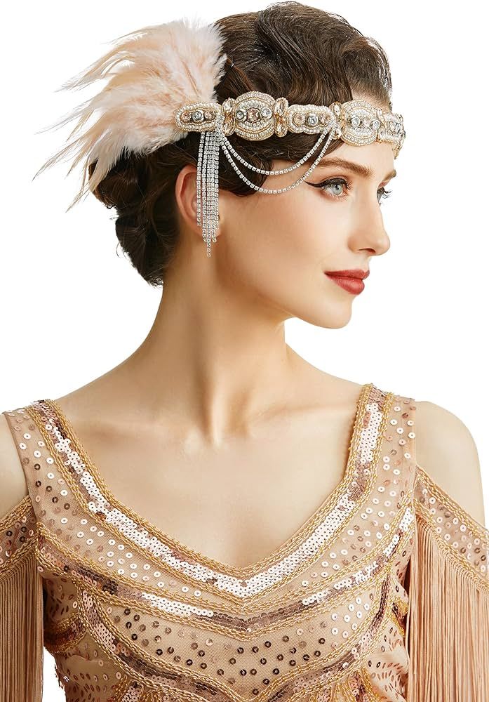 BABEYOND 1920s Flapper Headband Roaring 20s Gatsby Headpiece Black Feather Headband 1920s Flapper... | Amazon (US)