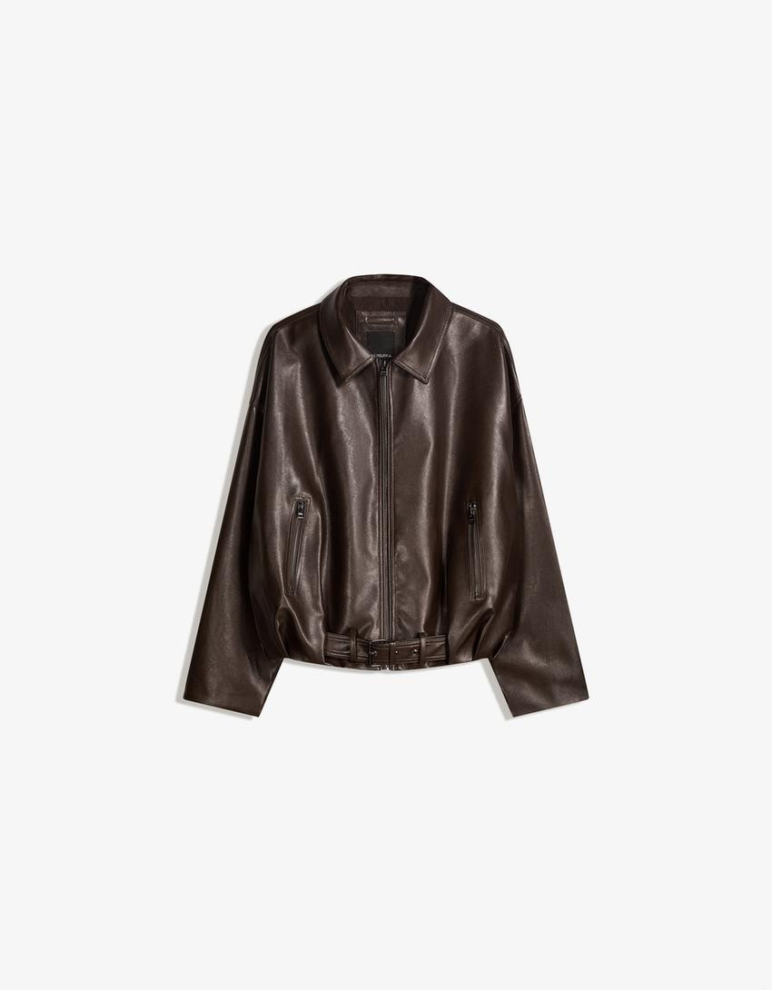Faux leather bomber jacket with belt - Jackets and trench - Women | Bershka GB