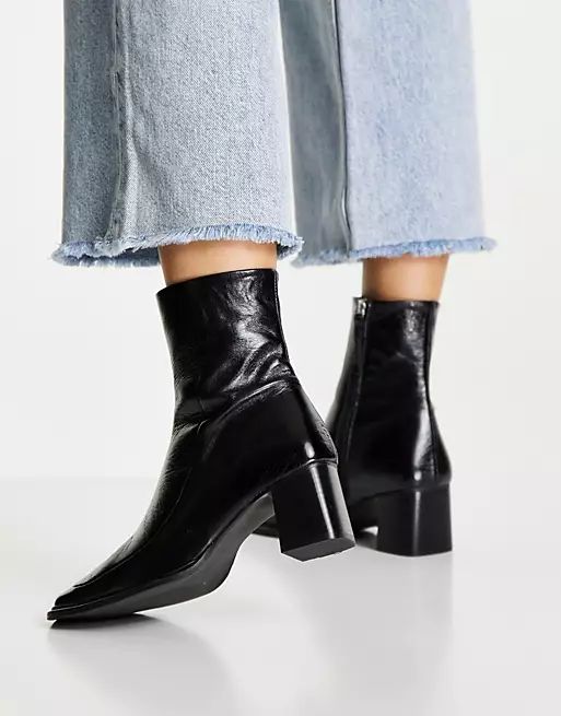 ASOS DESIGN Roberta premium leather square toe boots in black | ASOS (Global)