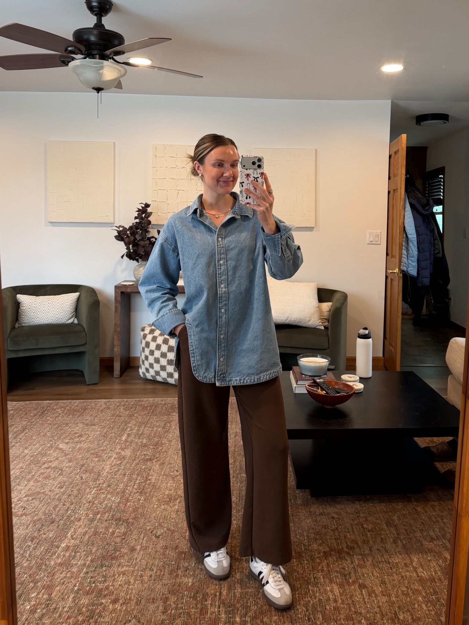 Business casual work outfit. Size small in @Shopbop denim shirt! Trousers are sold out @abercrombie , so linked similar

Oversized denim shirt, brown trousers, adidas sambas, mixed metal jewelry, gorjana earrings

#LTKWorkwear #LTKootd