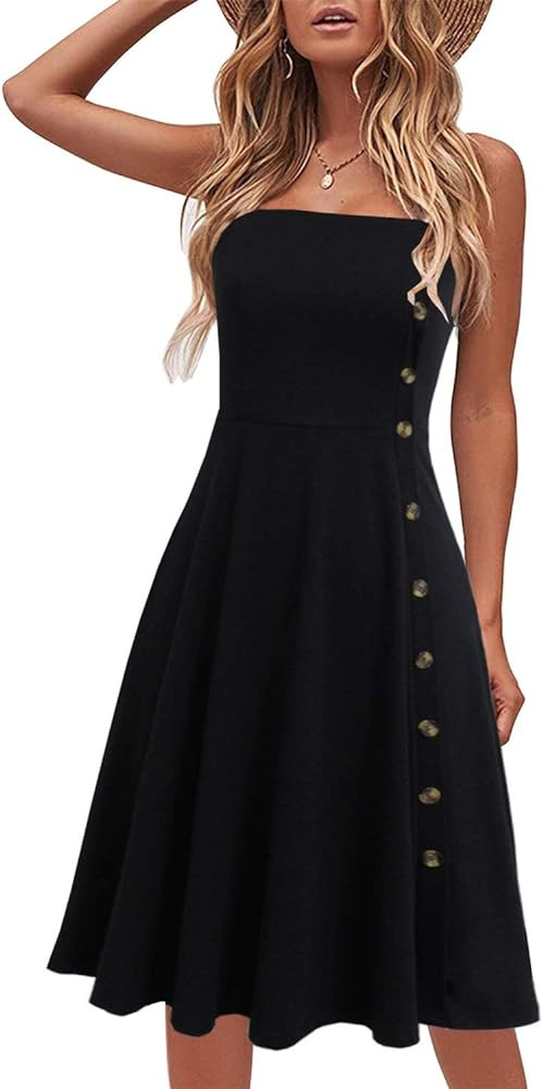 Women's Casual Summer Beach Flattering Flowy A-Line Spaghetti Straps Solid Cotton Button Down Mid... | Amazon (US)