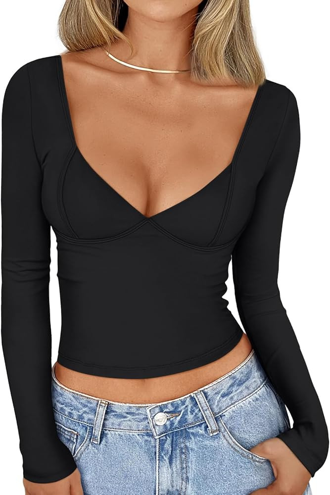 Trendy Queen Womens Tops Trendy Fashion Clothes Going Out Long Sleeve Shirts V Neck Basic Y2K Cut... | Amazon (US)