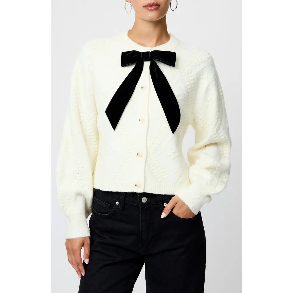 French Connection Kitty Bobble Velvet Bow Cardigan in Porcelain Cream-Black at Nordstrom, Size Small | Nordstrom