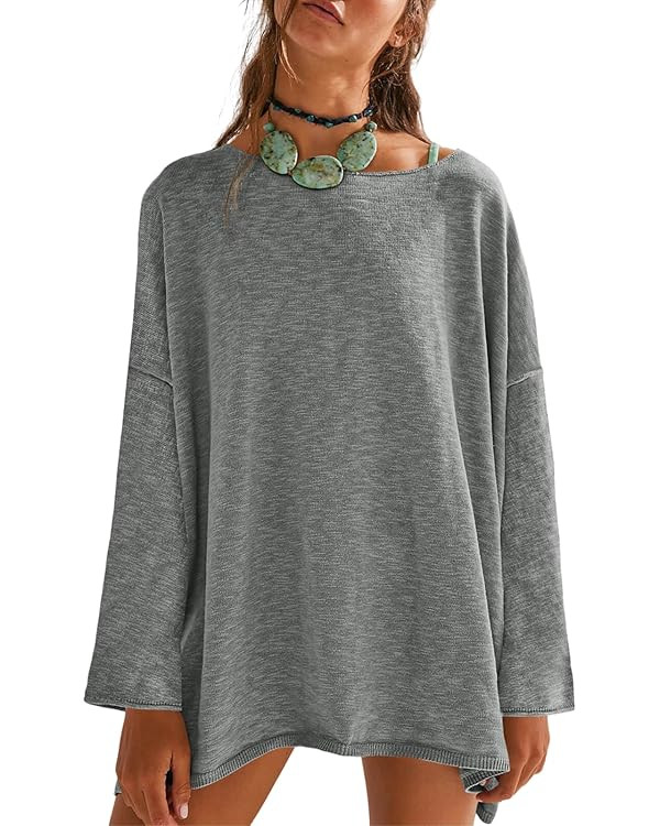 Tankaneo Womens Long Sleeve Shirts Oversized Lightweight Sweaters Crewneck Side Slit Hem Casual B... | Amazon (US)