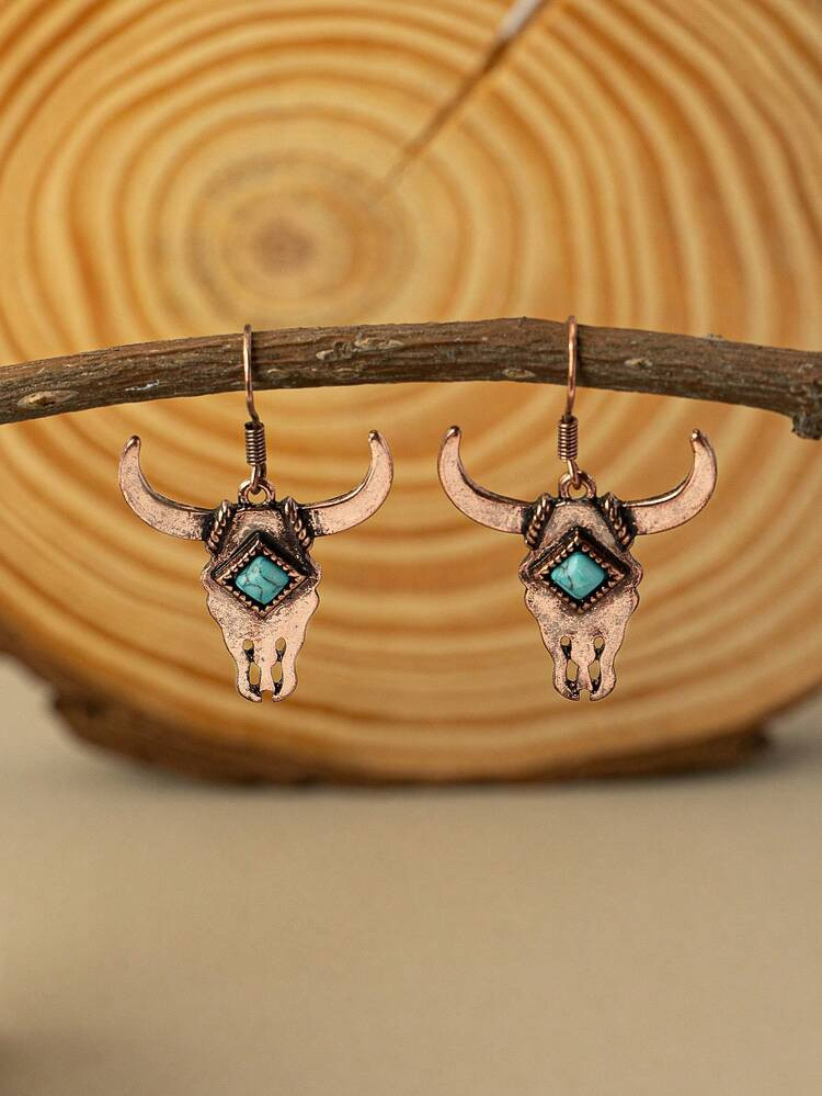1pair Western Vintage Bull Head Bohemian Style Turquoise & Antique Red Copper Color Earrings For ... | SHEIN