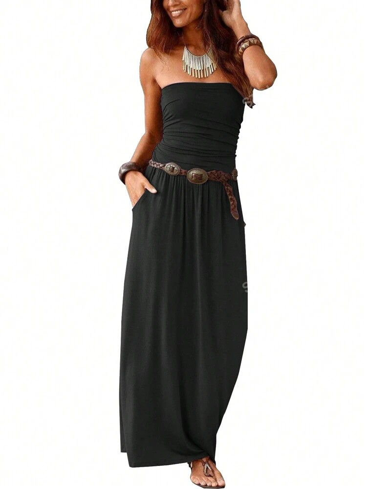 Women's Solid Color Pleated Strapless Loose Dress | SHEIN