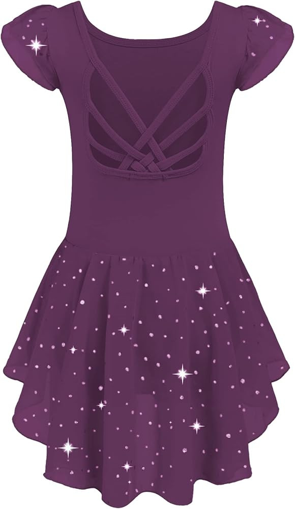 Arshiner Girls Shiny Ruffle Sleeve Ballet Leotard with Skirt Criss-Cross Back Dance Dresses | Amazon (US)
