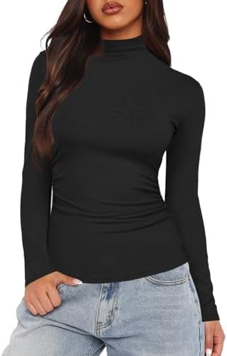 Darong Women Mock Turtle Neck Long Sleeve T Shirt Casual Slim Fitted Ruched Going Out Top | Amazon (US)