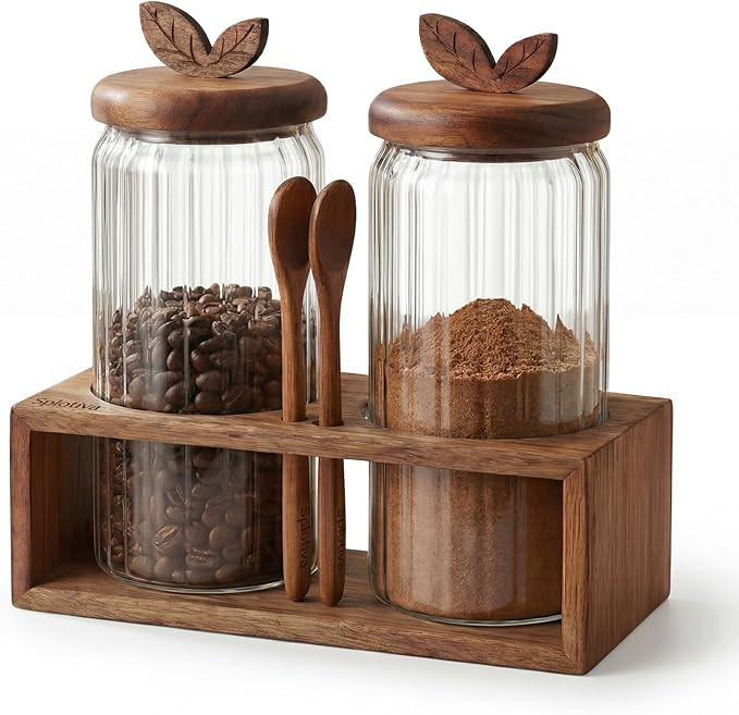 Coffee Bar Glass Canister Set – 2 × 34 floz Airtight Glass Jars with Acacia Wood Lids, 2 Acaci... | Amazon (US)