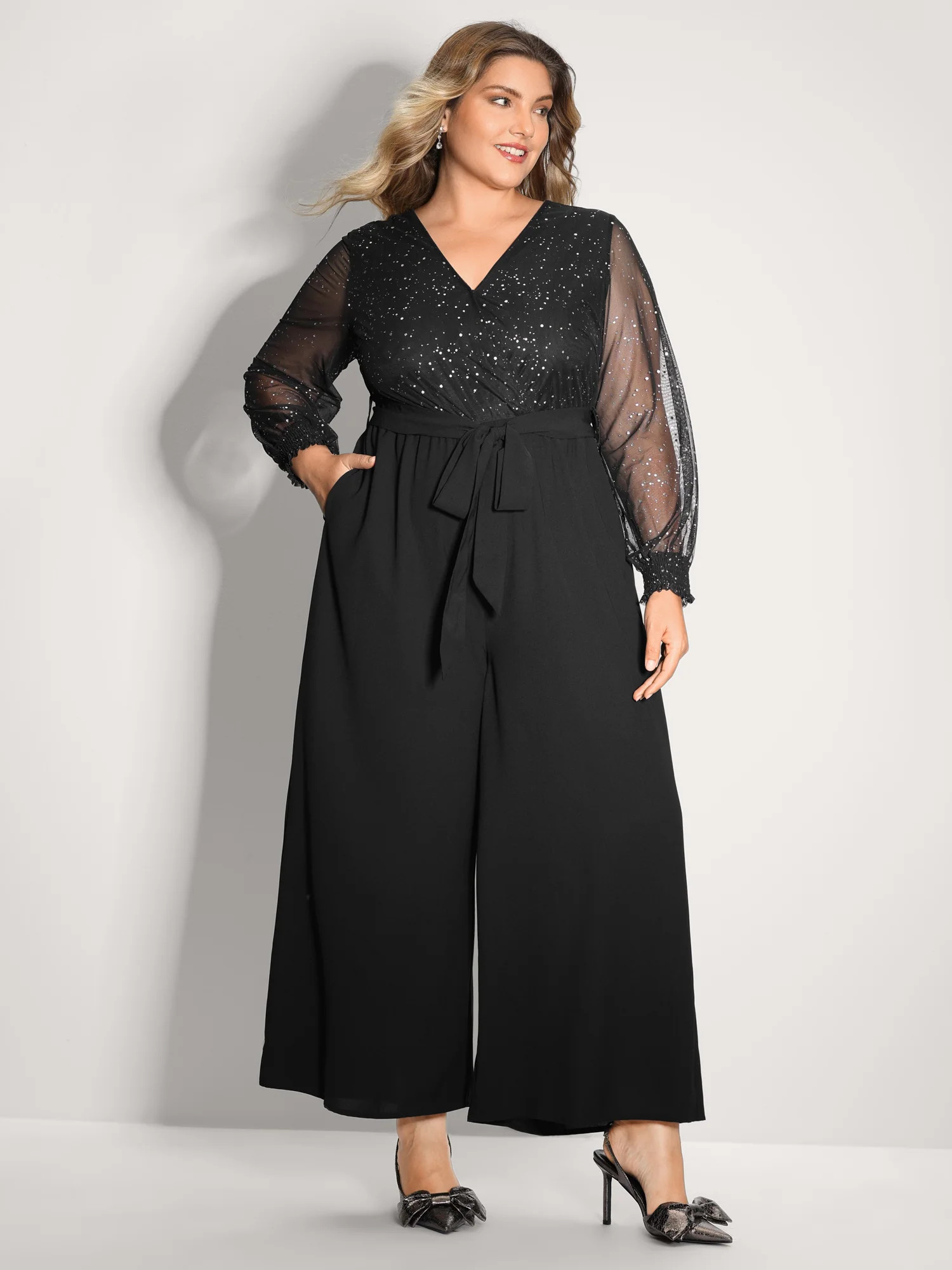 Shimmery Rhinestones Belted Waist Jumpsuit | Bloomchic