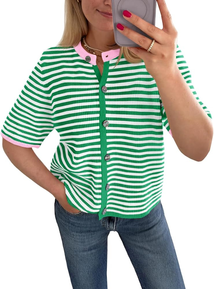 Saodimallsu Womens Short Sleeve Cardigans Striped Button Down Sweater Tops | Amazon (US)