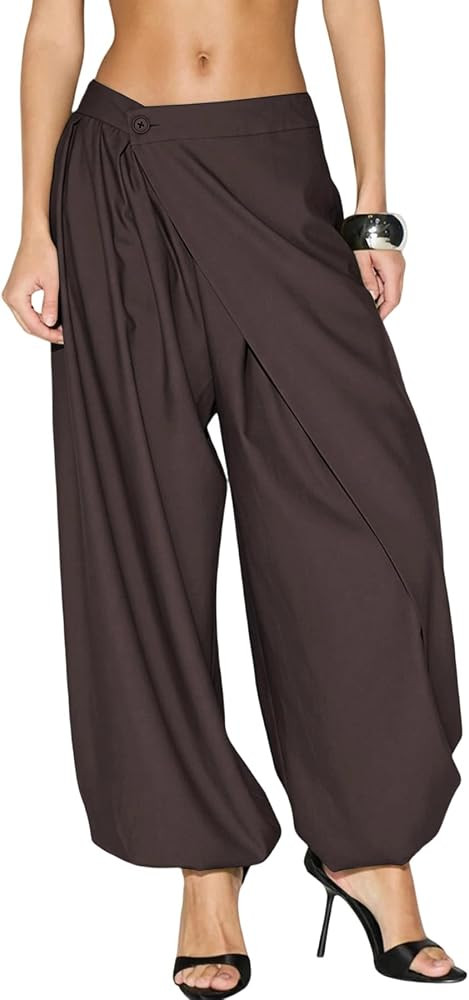 Geulis Women Wide Leg Barrel Dress Pants High Waisted Asymmetrical Trousers     Pleated Wrap Fron... | Amazon (US)