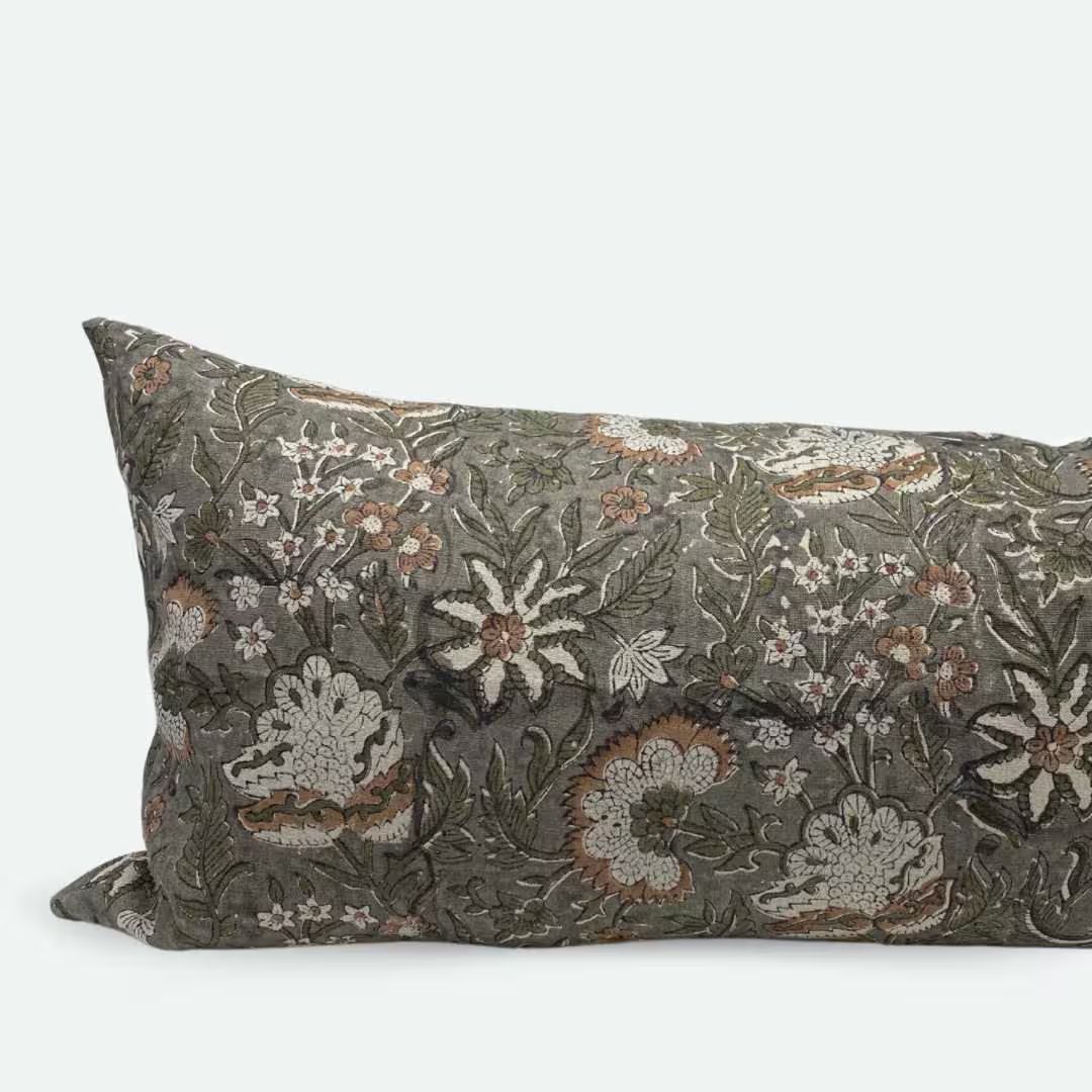 Large Lumbar Pillow Cover Heirloom Floral Block Print 14x36 - Etsy | Etsy (US)