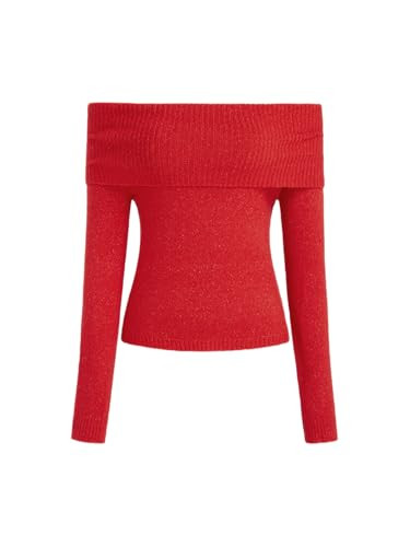CIDER Women’s Off Shoulder Knitted Long Sleeve Tops Fall Pullover Sweater : Red, L | Amazon (US)