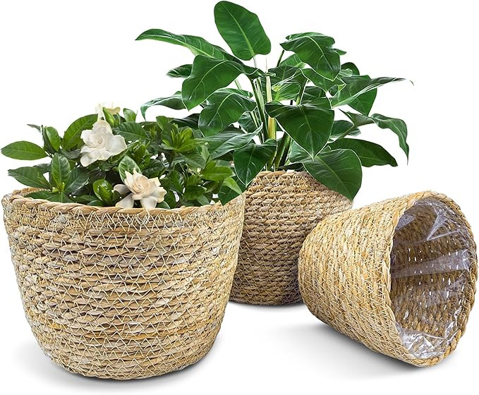 KJET 3PCS Seagrass Planter Basket with Plastic Liner, Boho Woven Plant Pots for Indoor Outdoor, F... | Amazon (US)