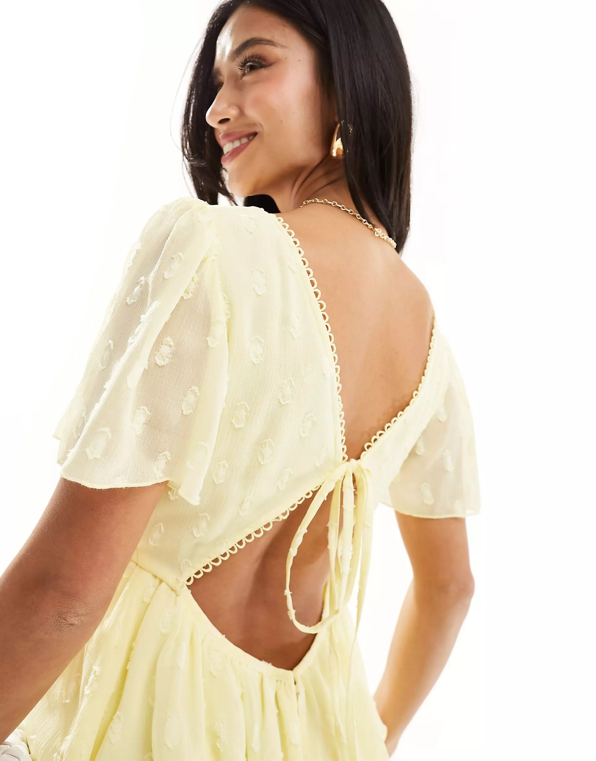 ASOS DESIGN Petite textured asymmetric ruffle midi dress with tie back neck in yellow | ASOS (Global)