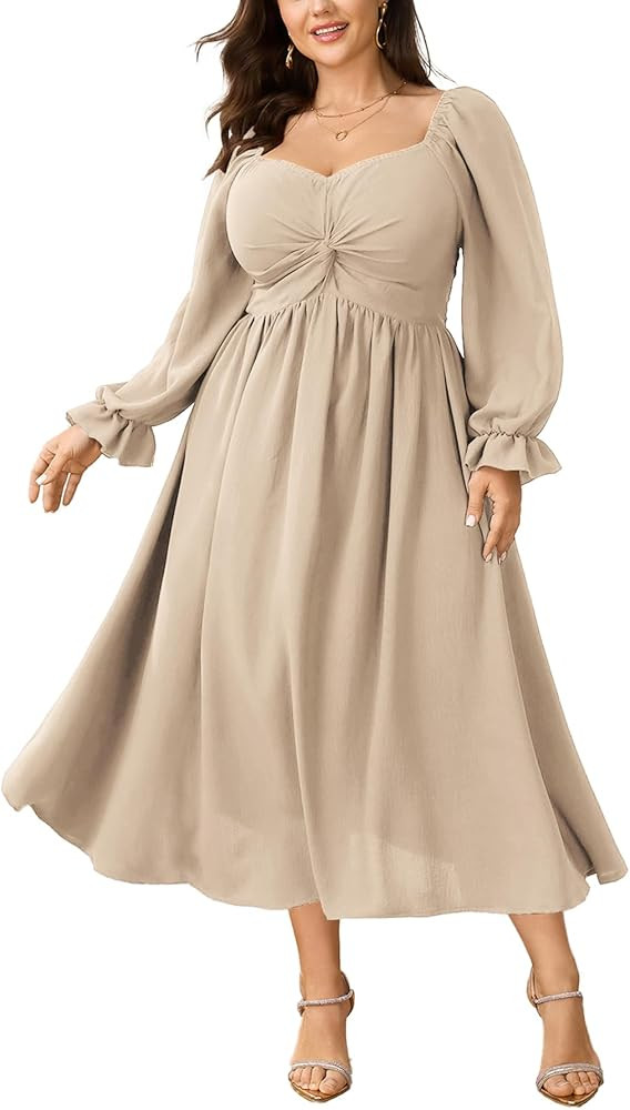 SCOMCHIC Women's Plus Size Wedding Guest Cocktail Dresses Fall Sweetheart Neckline Long Sleeve A ... | Amazon (US)