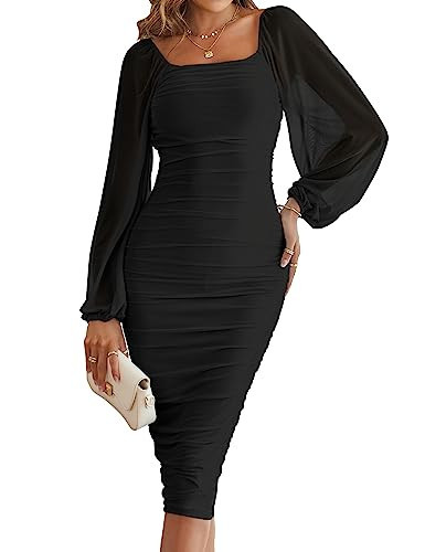 MEROKEETY Women's Long Sleeve Wedding Guest Formal Dress Fall Winter Ruched Bodycon Mesh Cocktail Party Midi Dresses, Black, S | Amazon (US)