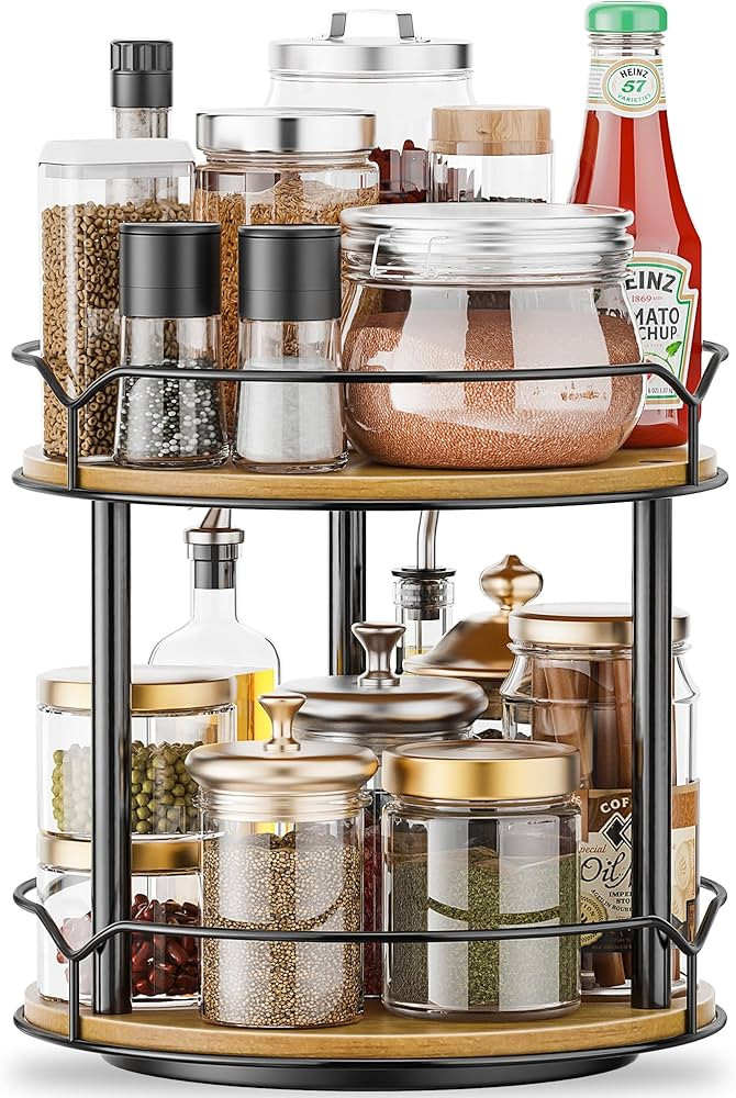 MUTUALUS Lazy Susan Organizer 2 Tier - Turntable Spice Rack for Table Top, Wooden Rotating Lazy S... | Amazon (US)