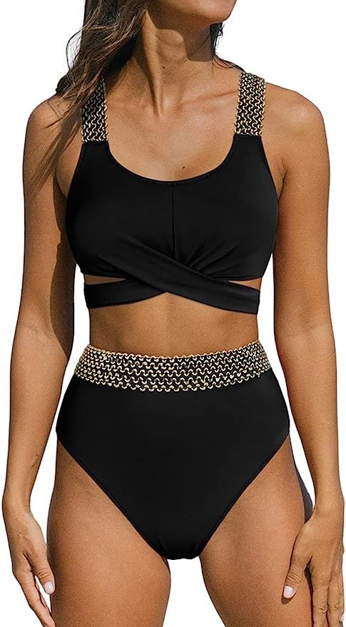 Roselychic Bikini Sets for Women Criss Cross High Waisted Bathing Suits Wrap Tie Back Swimwear U ... | Amazon (US)