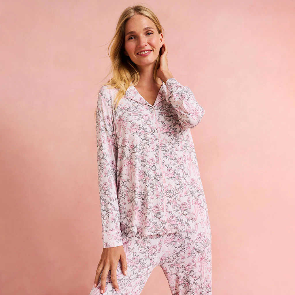 Floral Pink Long Sleeve Irene Women's Luxe Pajama Pant Set | Posh Peanut® | Posh Peanut