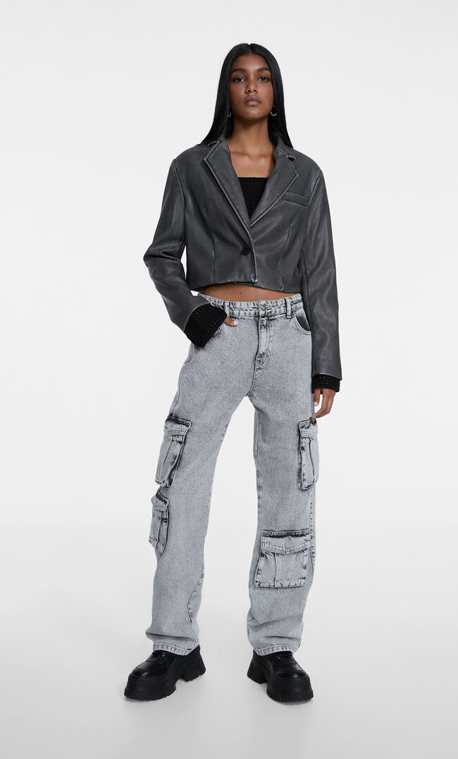 Faded effect faux leather jacket with pockets | Stradivarius (UK)