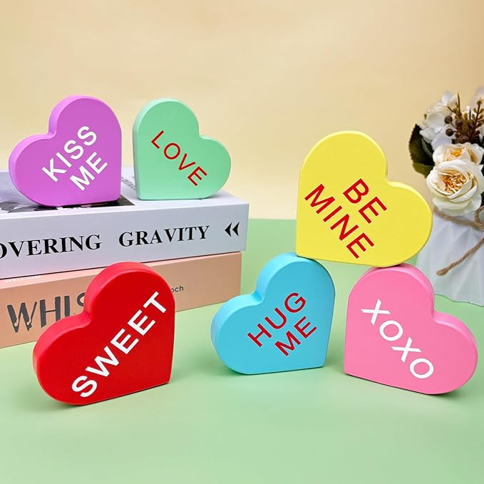 Valentines Day Conversation Hearts Decorations for Home Table, 6 PCS Wooden Candy Heart Shaped Si... | Amazon (US)