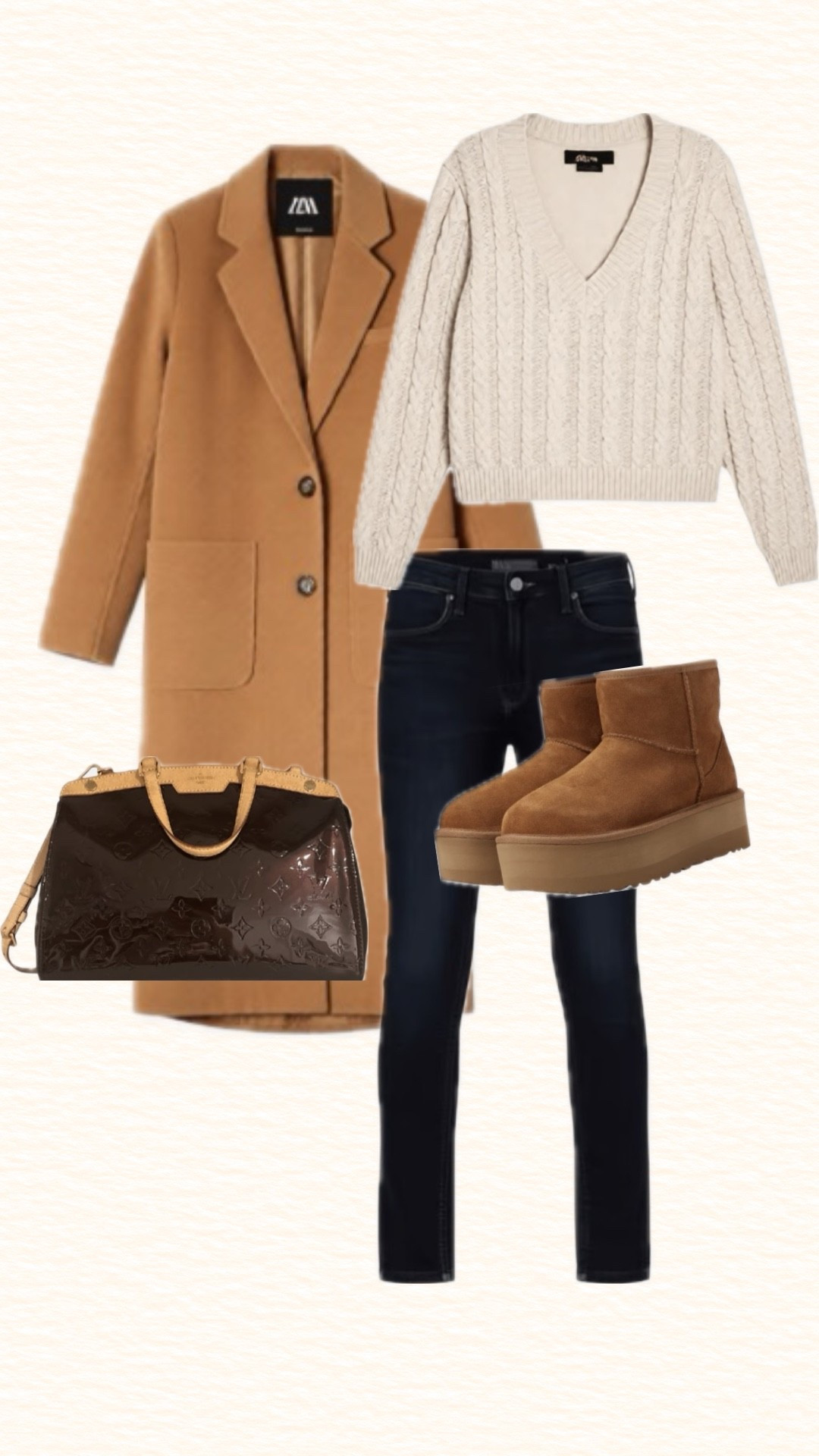 Classic fall outfit or fall into winter. Tan wool coat, cream cable knit sweater and skinny jeans, platform Uggs, and a cute bag. Day date friendly or great for travel, apple or pumpkin picking, etc.

#LTKootd #LTKSeasonal #LTKTravel