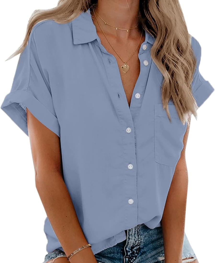 Beautife Womens Short Sleeve Shirts V Neck Collared Button Down Shirt Tops with Pockets | Amazon (US)