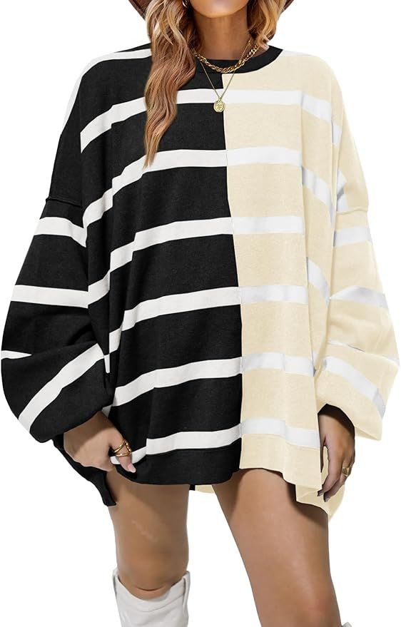 Fisoew Womens Striped Pullover Sweater Crew Neck Long Sleeve Knitted Color Block Casual Loose Lig... | Amazon (US)