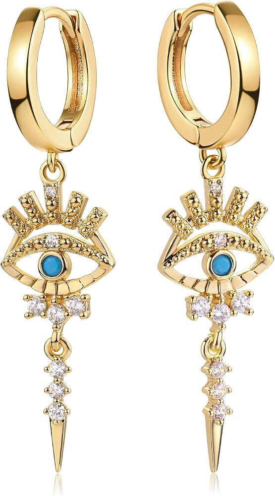 MYEARS Women Evil Eye Earrings Gold Huggie Hoop Spike Dangle Drop Turquoise Cubic Zirconia 14K Go... | Amazon (US)