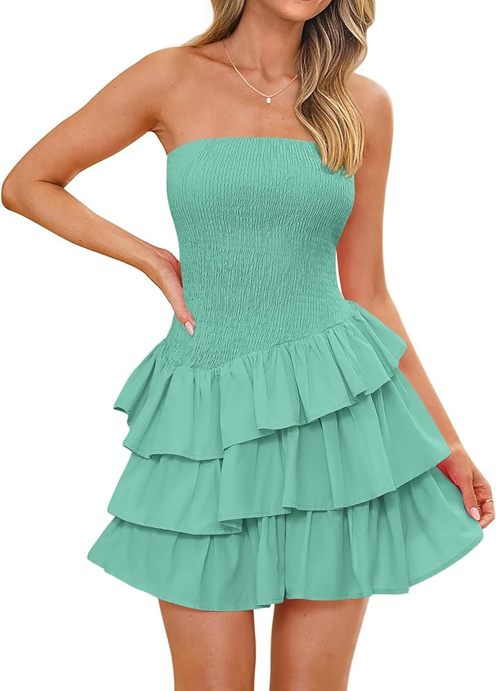 BTFBM Summer Dresses for Women Beach Dresses Strapless Boho Sundress Solid Color Tube Mini Dresse... | Amazon (US)