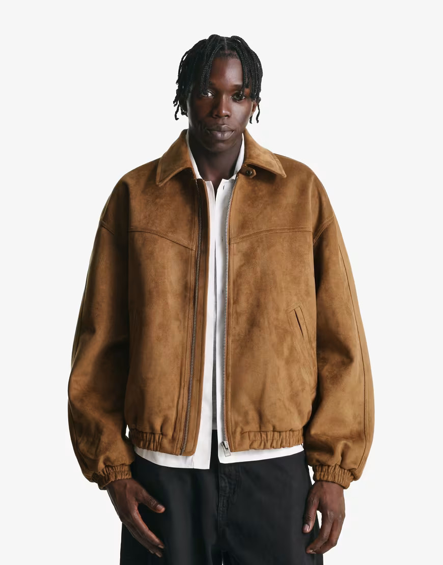 Bershka Faux suede jacket in beige-Neutral | ASOS (Global)