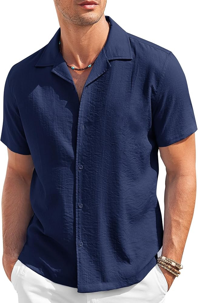COOFANDY Men's Casual Button Down Shirt Short Sleeve Textured Summer Cuban Beach Shirts | Amazon (US)