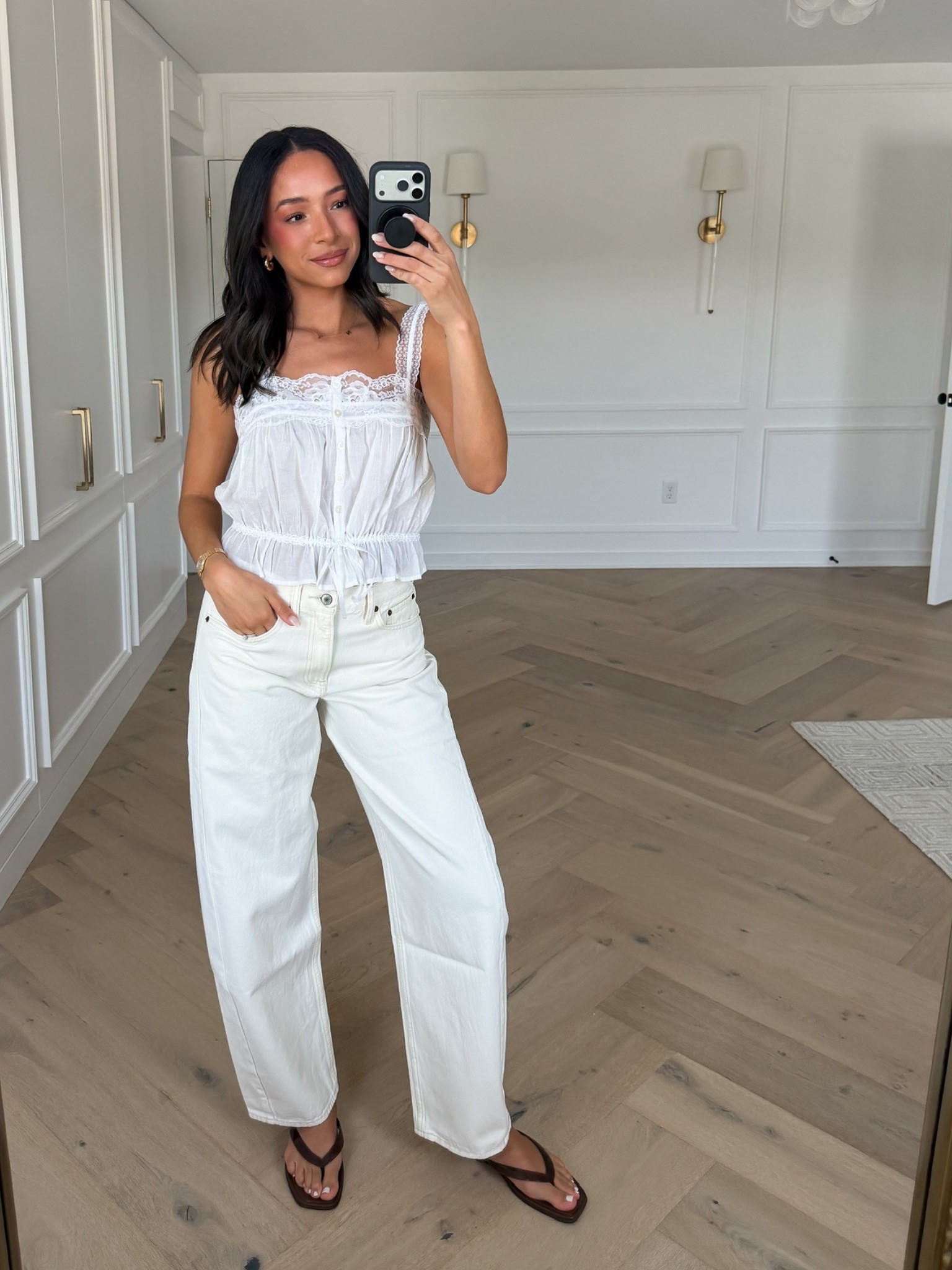 Buy one, get one 50% off Abercrombie!! Wearing size S lace  tank and size 28 long ecru barrel jeans   

summer outfit, spring outfit, white pants, date night outfit, lunch outfit, casual outfit, mom outfit, postpartum outfit 

#LTKSeasonal #LTKmomlife #LTKSaleAlert