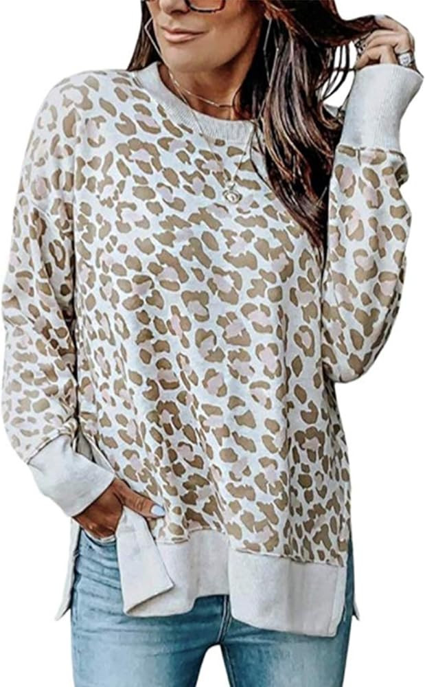Angashion Women's Sweatshirts - Casual Leopard Print Crewneck Long Sleeve Oversized Pullover Tuni... | Amazon (US)