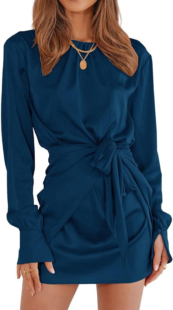 BTFBM Women Casual Long Sleeve Ruched Wrap Dress Crew Neck Tie Waist Short Dresses Solid Party Dr... | Amazon (US)