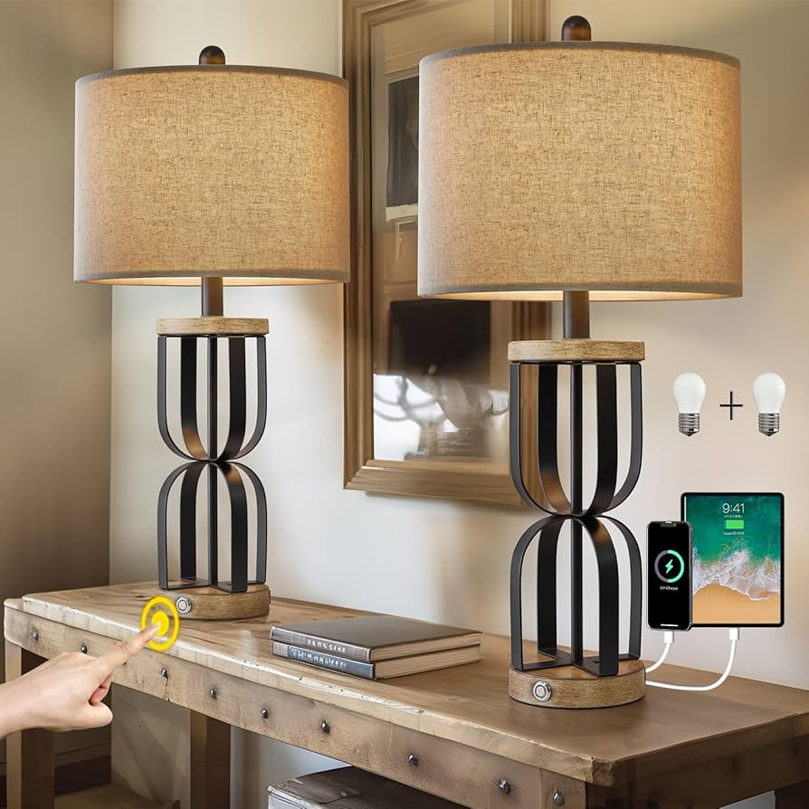 G-SAFAVA 25" Industrial Dual USB Charging Ports 3-Way Dimmable Touch Control Table Lamp Nightstan... | Amazon (US)