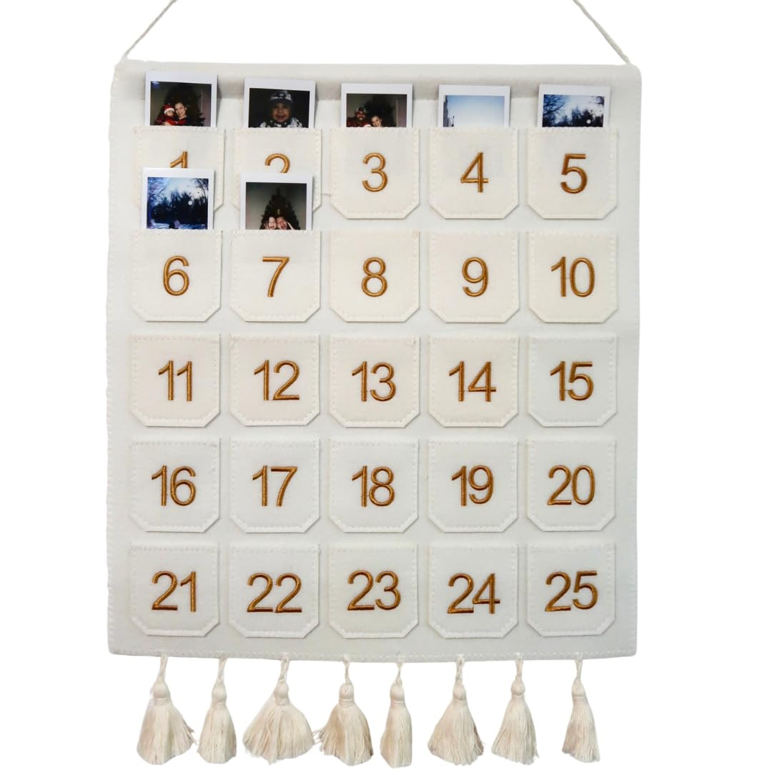 Photo Advent Calendar with Pockets, Christmas Calendar Countdown, Embroider Numbers Felt Photo Advent Calendar w/ 25 Small Pockets, Advent Calendars for Holiday Tradition (Gold) | Amazon (US)